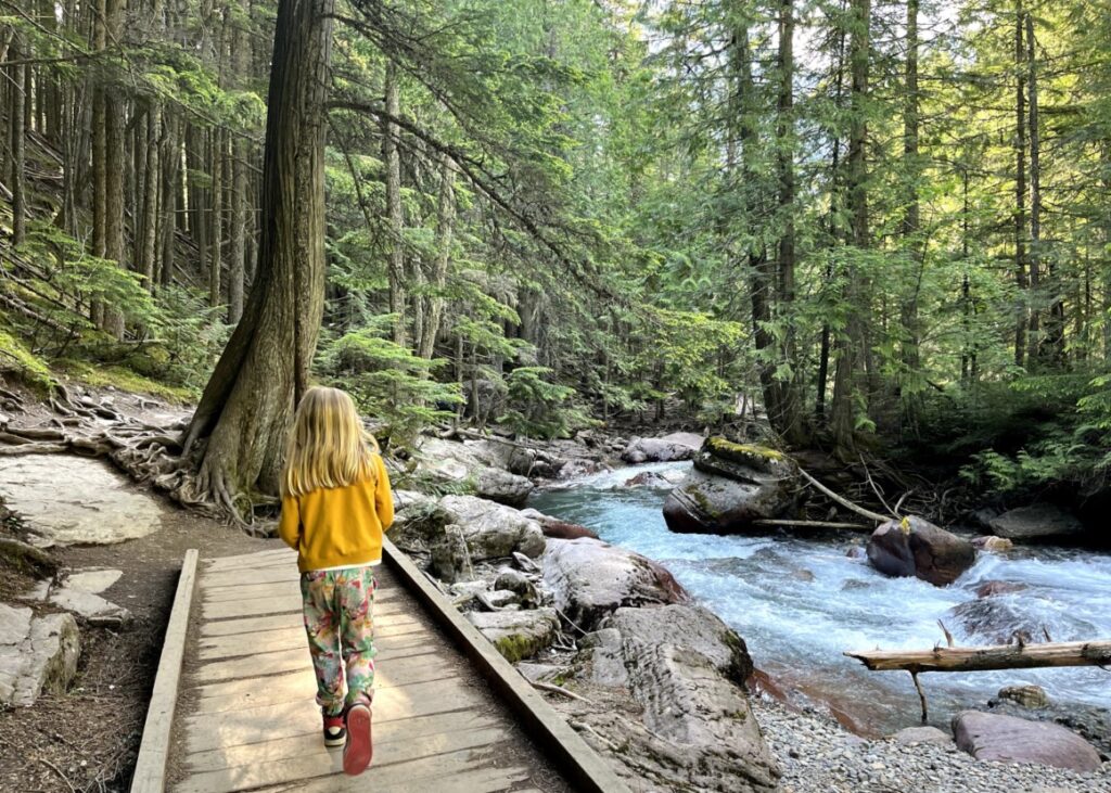 Wandelingen langs riviertjes, over bruggen en naar prachtig meer in Glacier National Park met kinderen